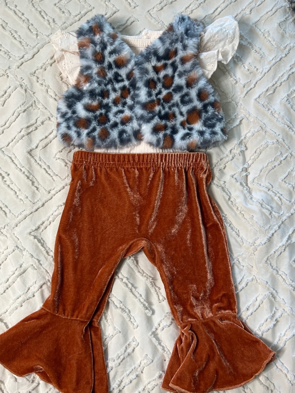 Rachel Zoe Girls Brown Velvet Bell Bottoms with Faux Fur Leopard Vest